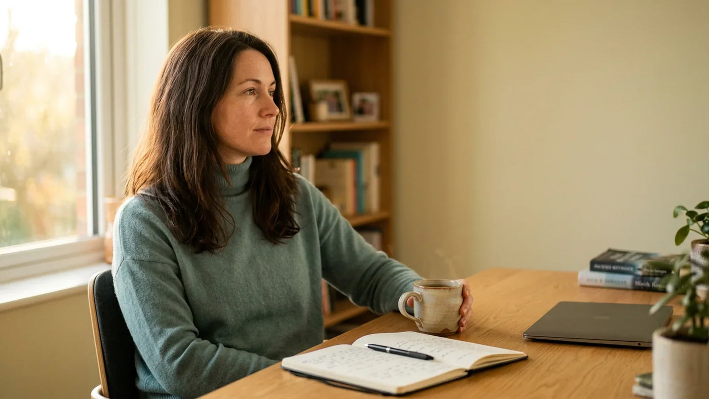 Mid-30s woman at home desk in soft warm light with reflective expression — chronic stress visualization for hair cortisol testing