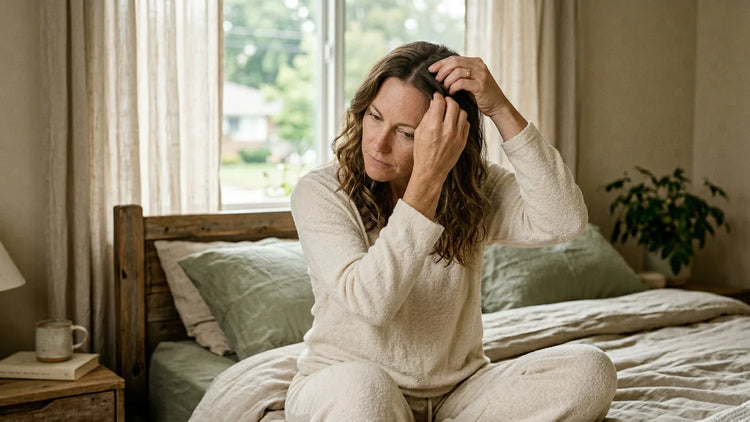 Woman in her early 40s in cream loungewear examining a small section of her hair in soft window light — investigating hair loss through mineral analysis