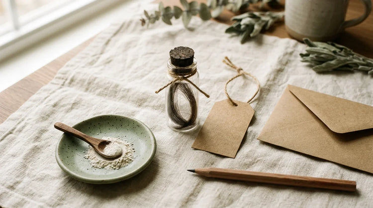 Glass vial of hair strands beside a kraft price tag and envelope on pale linen — hair mineral analysis test cost guide