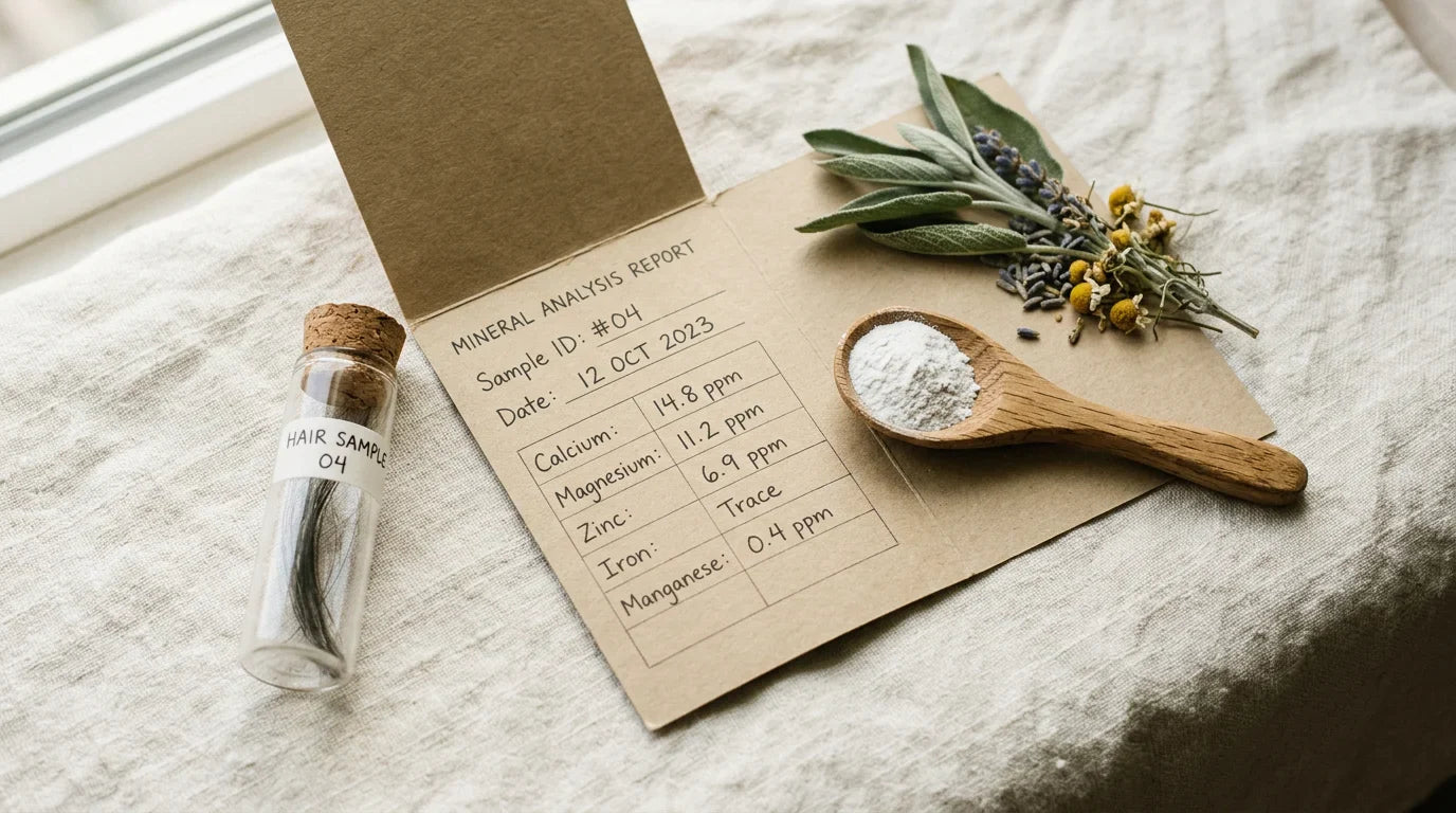 Small glass vial of hair strands beside a kraft report and wooden spoon of white powder on pale linen — hair mineral analysis guide