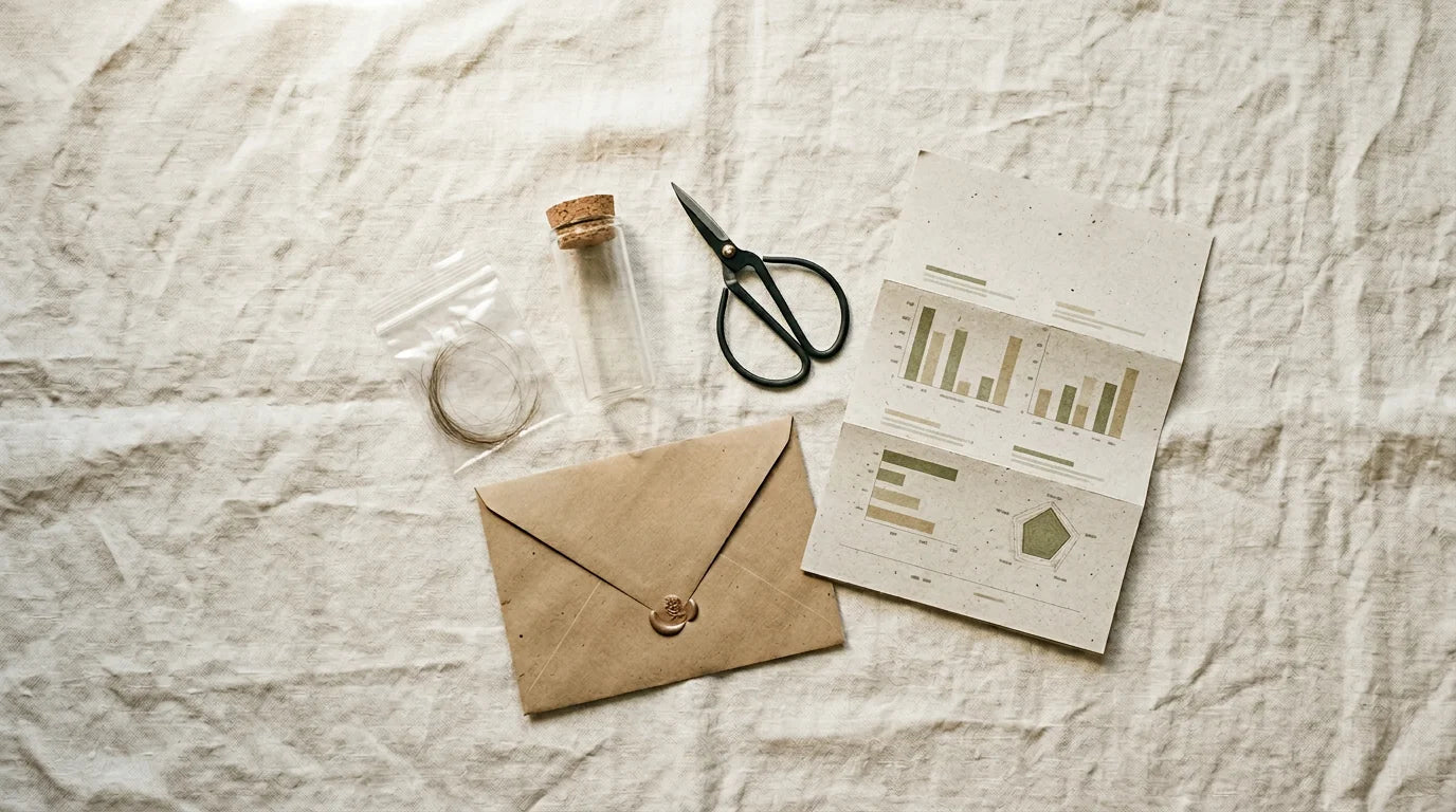 Contenu du kit de test HTMA&nbsp;: flacon en verre, ciseaux, enveloppe kraft et rapport sur lin clair – comment choisir le test minéral capillaire adapté