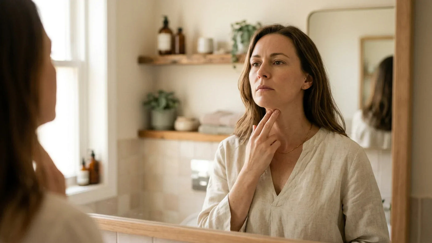 Woman in late 30s resting fingertips on neck thyroid area in soft window light — investigating thyroid imbalance via hair mineral analysis