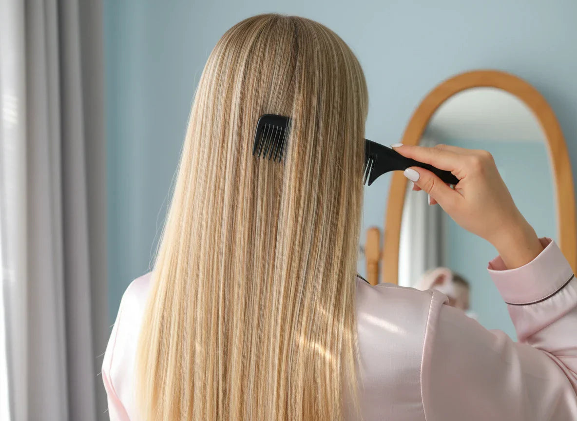 Fair hand uses a wide-tooth comb on long, glossy blonde hair, possibly preparing a sample for a hair test for magnesium. Person in pink satin shirt, enjoying a serene hair care routine.