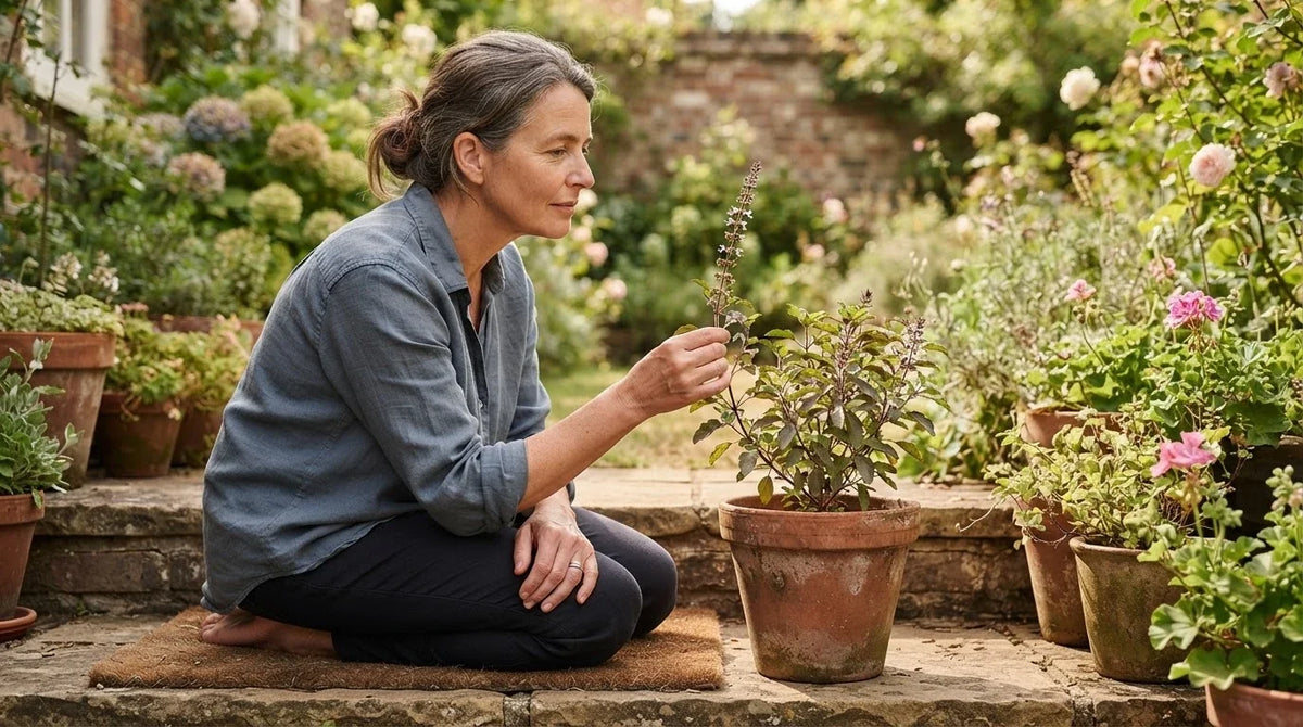 A woman on a sunny step holding up a flowering stem of holy basil from a terracotta pot