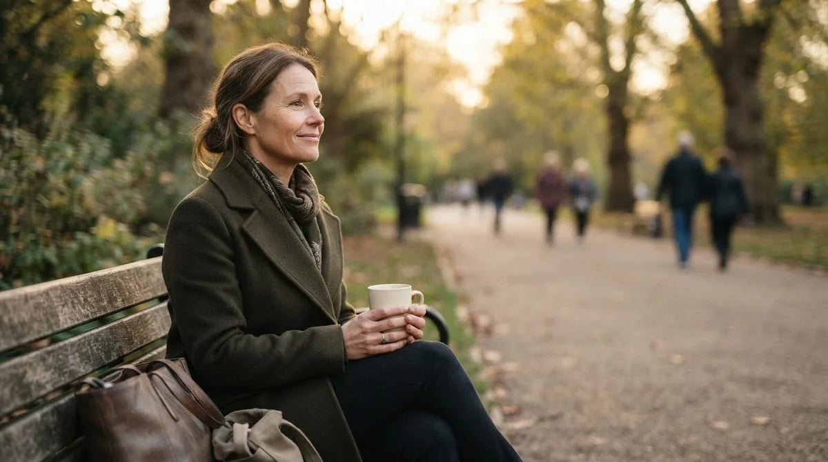A woman unwinding on a park bench at the end of the day with a cup of tea