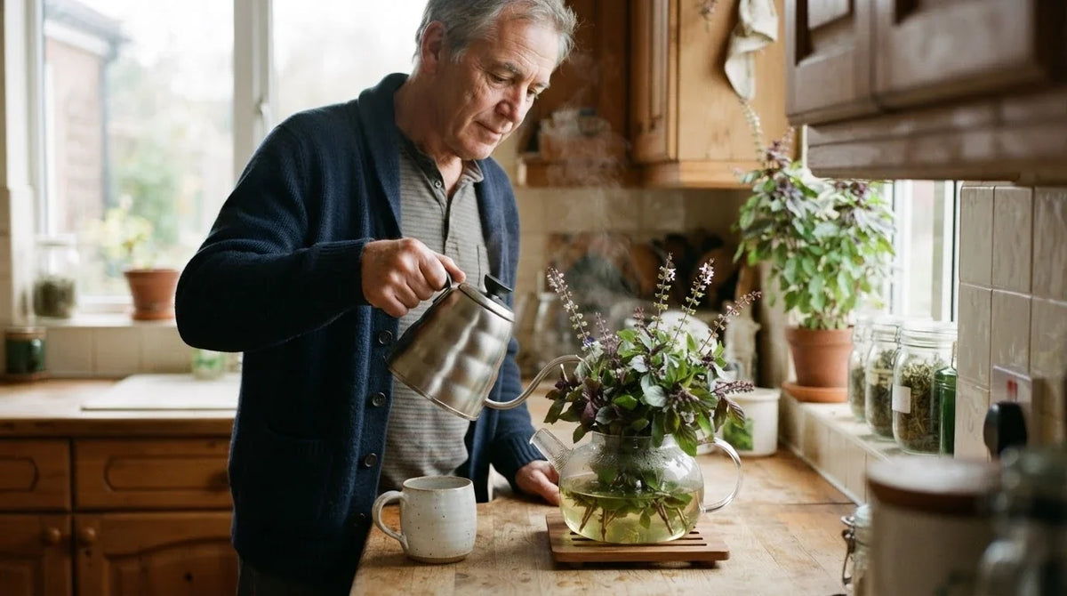 A man pouring hot water over fresh holy basil in a glass teapot