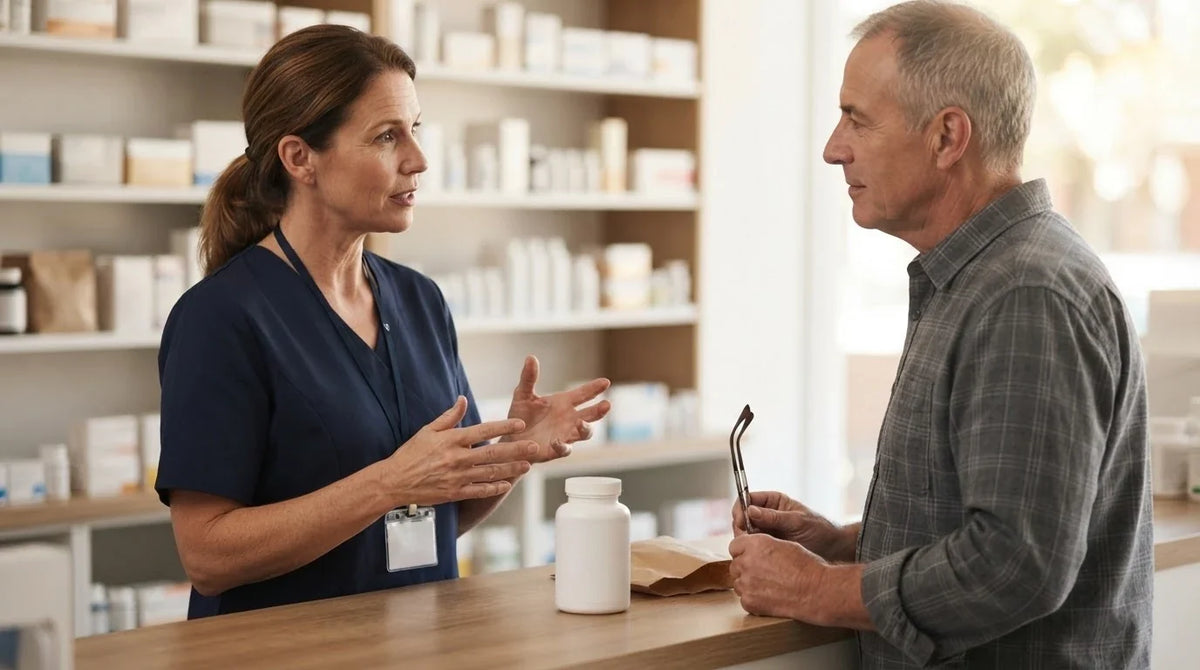 A pharmacist explaining something to an older man about a plain supplement bottle