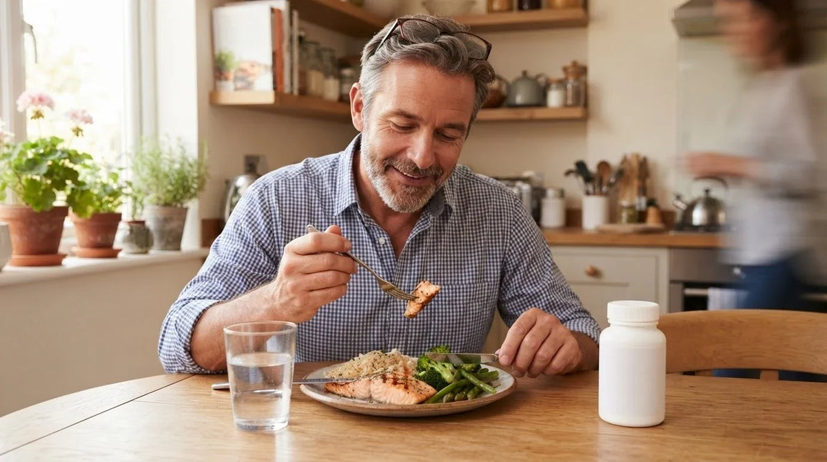 A man eating a balanced lunch at his kitchen table with a plain supplement bottle beside his plate