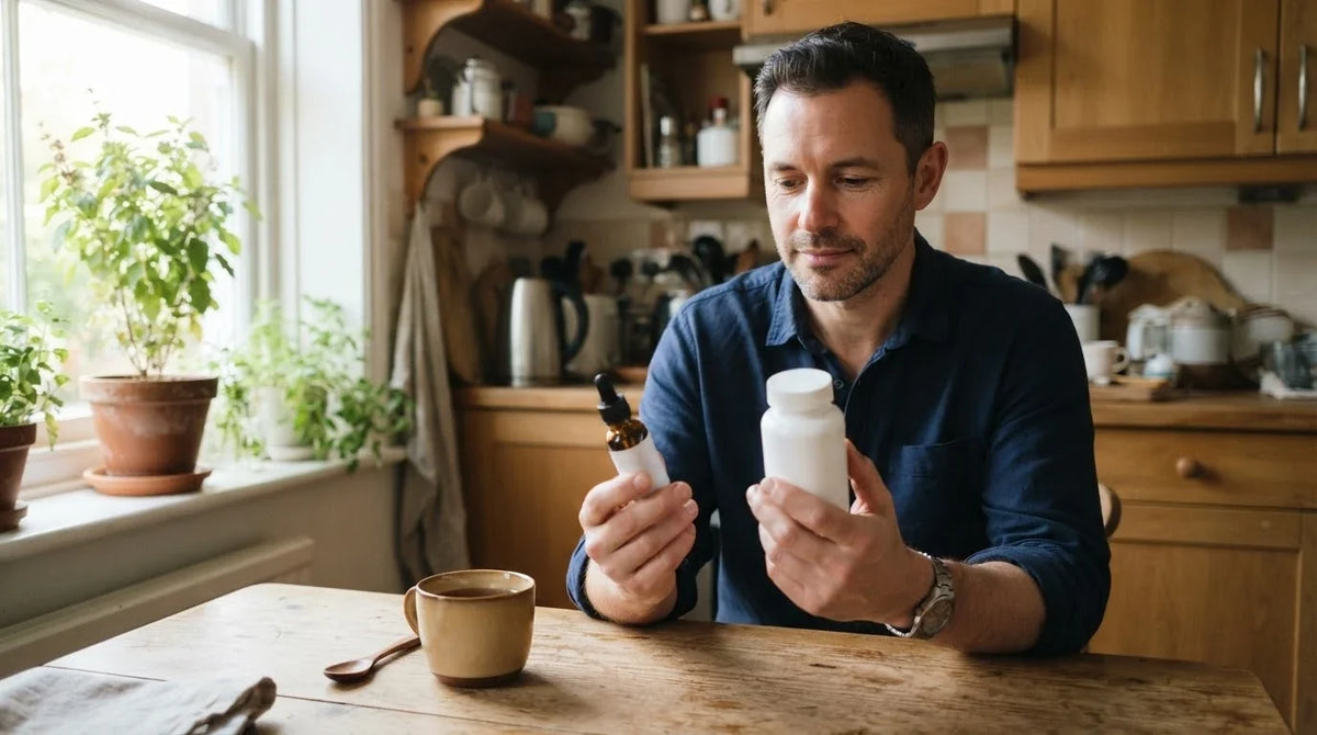A man comparing a plain capsule bottle with a small amber tincture bottle at his kitchen table