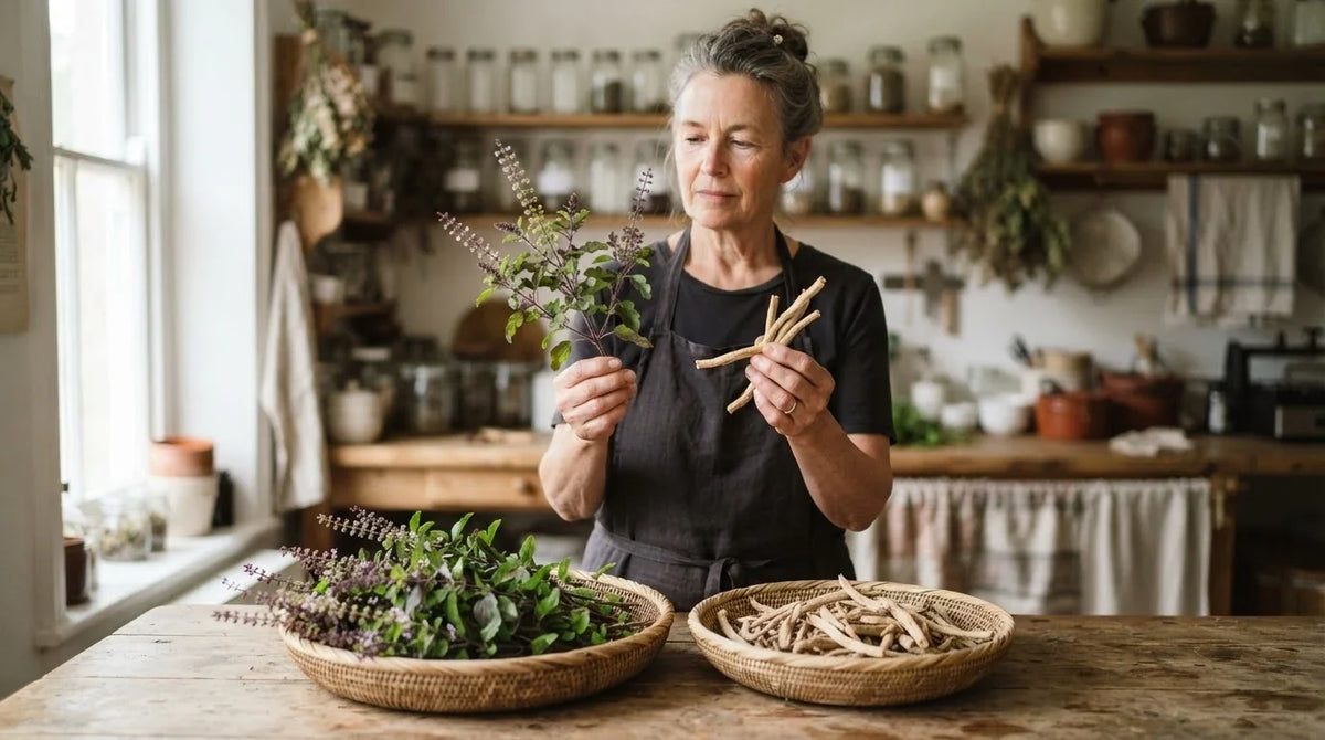 A herbalist comparing fresh holy basil stems with dried ashwagandha root at a worktable