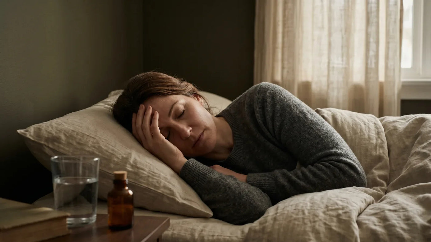 Woman in dim bedroom lying on linen pillow with hand to forehead, soft late-day light through curtains