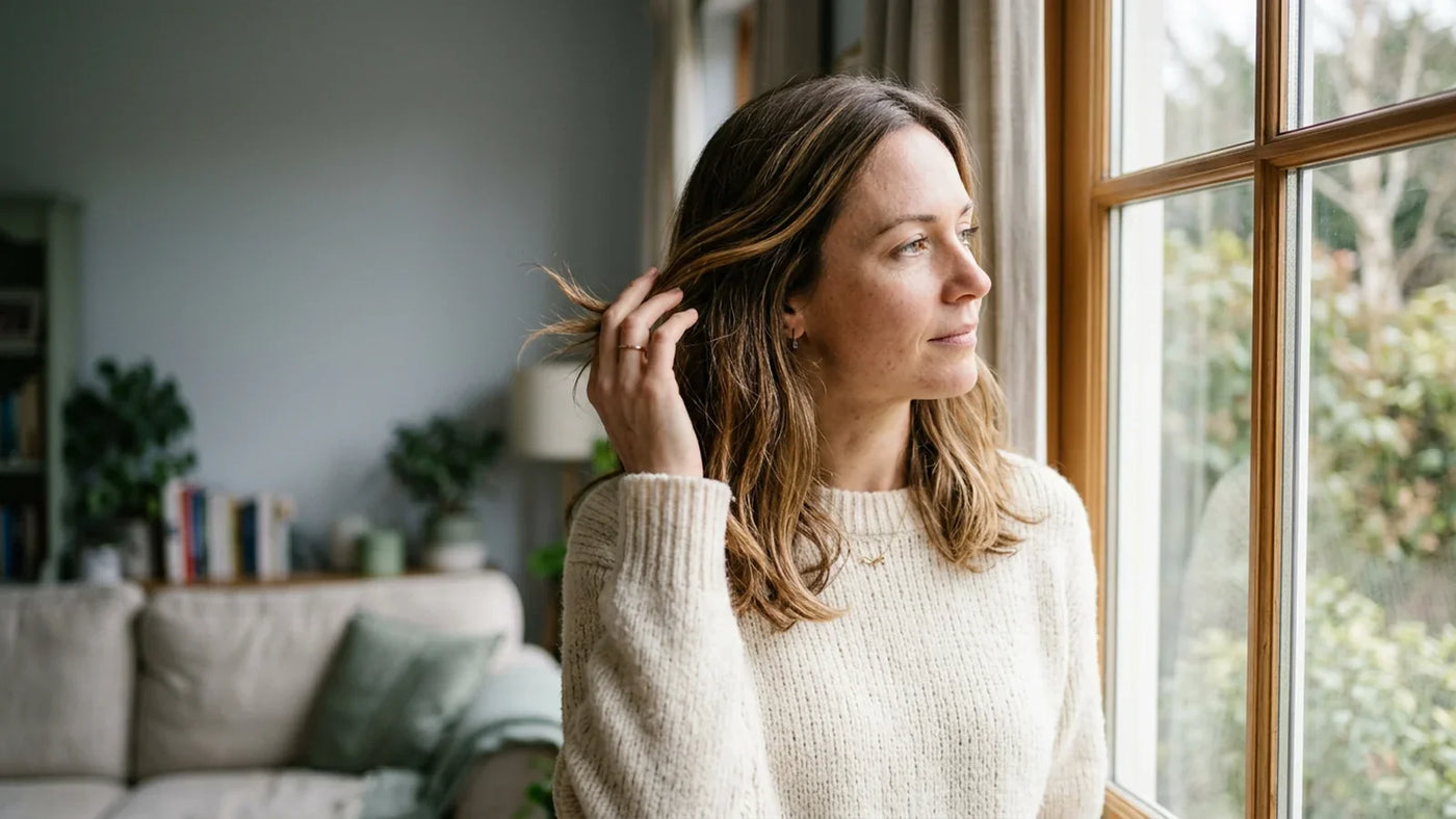 Mid-30s woman with thoughtful expression standing near a large window in soft side-light, hand gently touching her hair — heavy metal exposure detection through hair analysis