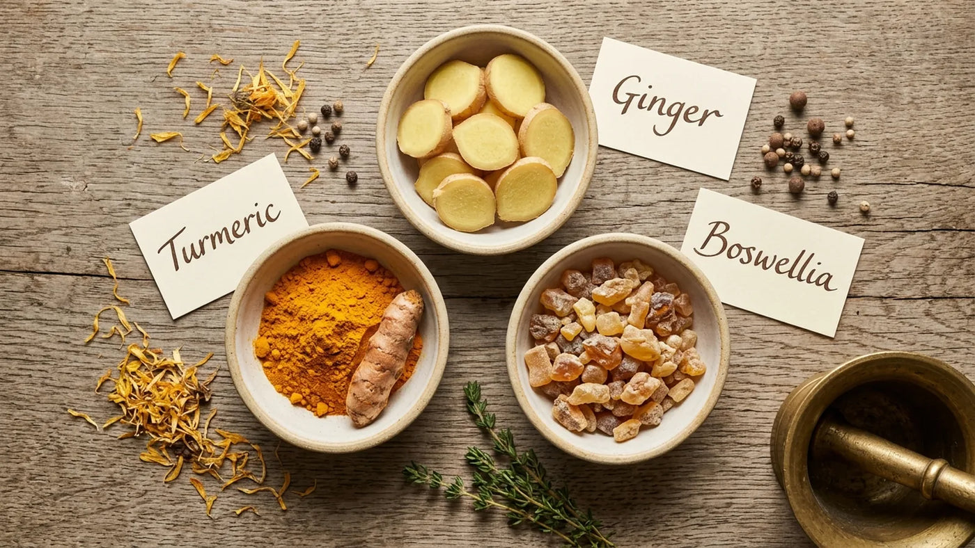 Three small handmade ceramic bowls on weathered oak board — one holding curcumin powder, one boswellia resin, one ginger root — side by side hero shot