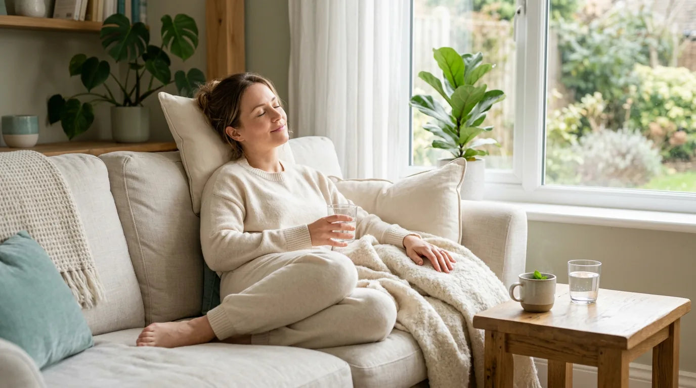 Woman resting comfortably at home with a glass of water during a parasite cleanse, managing die-off symptoms