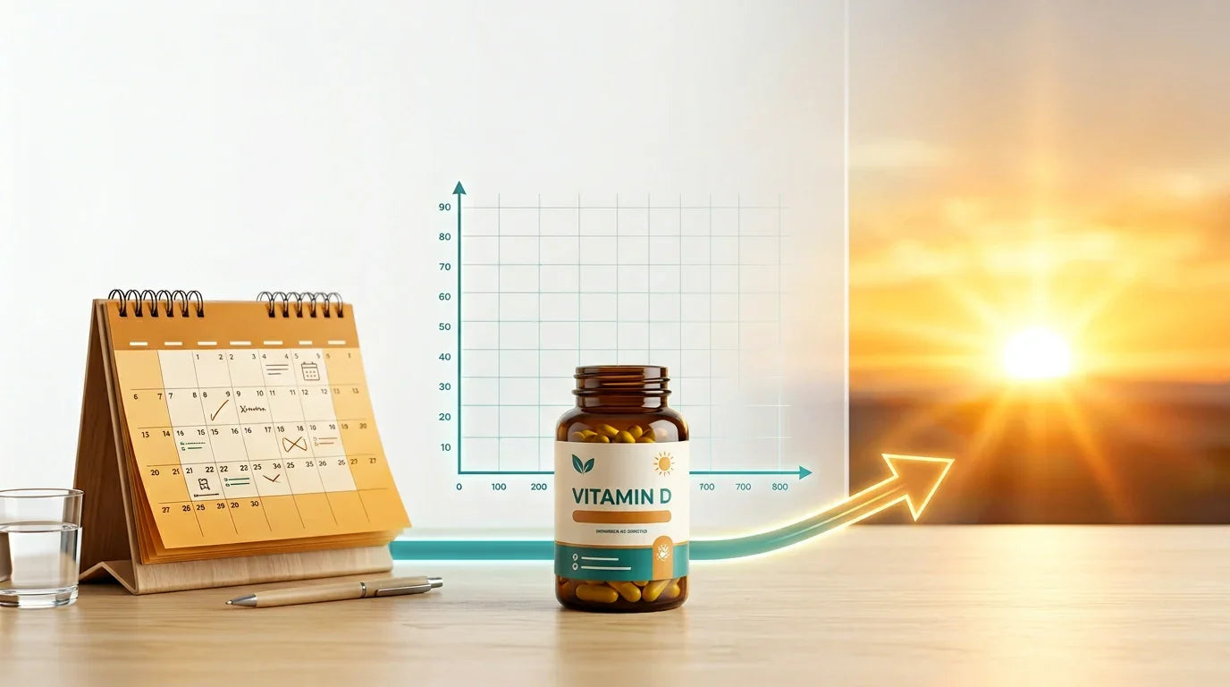 Calendar and sunrise with rising progress arrow — timeline to correct vitamin D deficiency
