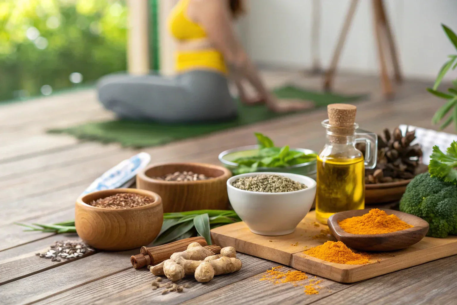 How to Dissolve Cysts in Breast Naturally - A wellness scene featuring natural health ingredients like turmeric powder, ginger root, and flax seeds on a table, representing a healthy lifestyle with a woman practicing