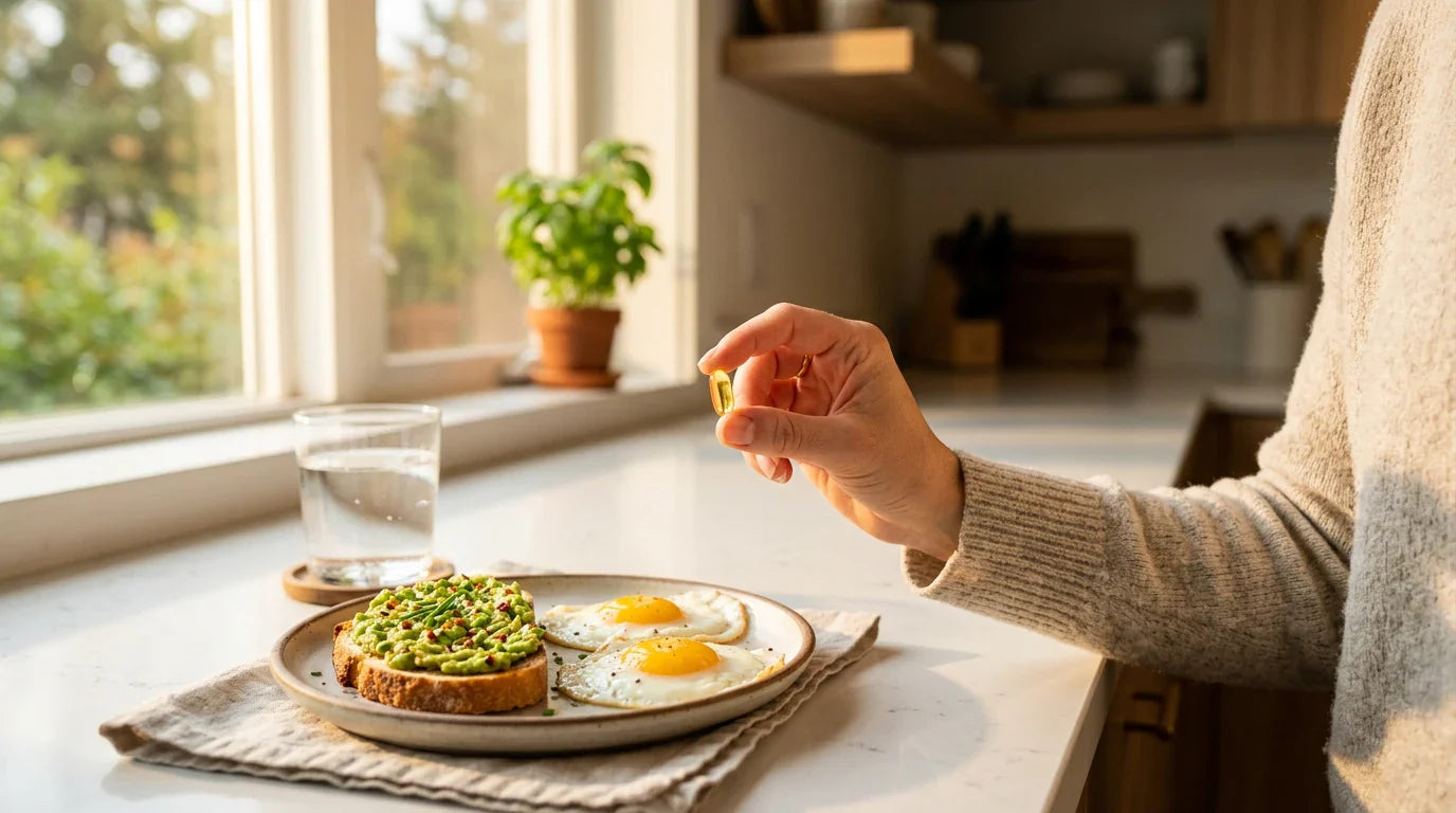 Vitamin D softgel held beside a fat-rich breakfast — how to take vitamin D correctly for best absorption