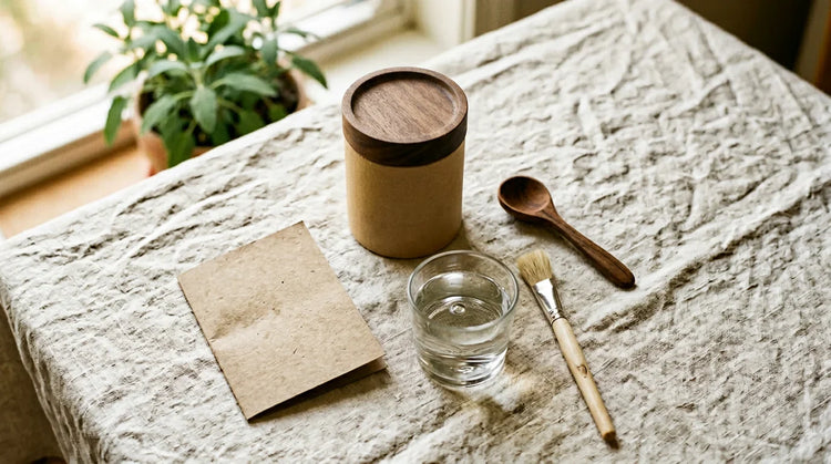 Kraft jar of white DE powder with wooden spoon measuring teaspoon glass of water and brush on pale linen - complete application guide