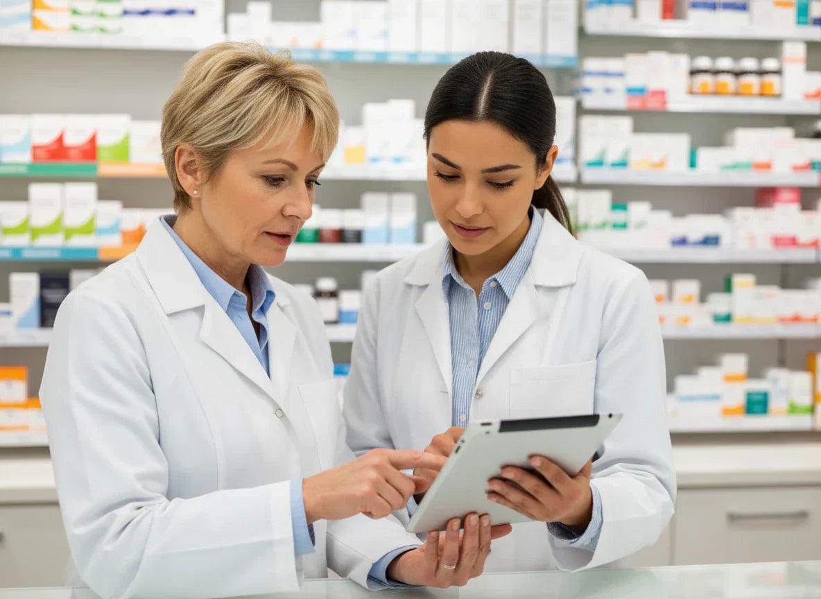 Professional female pharmacists collaborating with a digital tablet in a modern pharmacy.