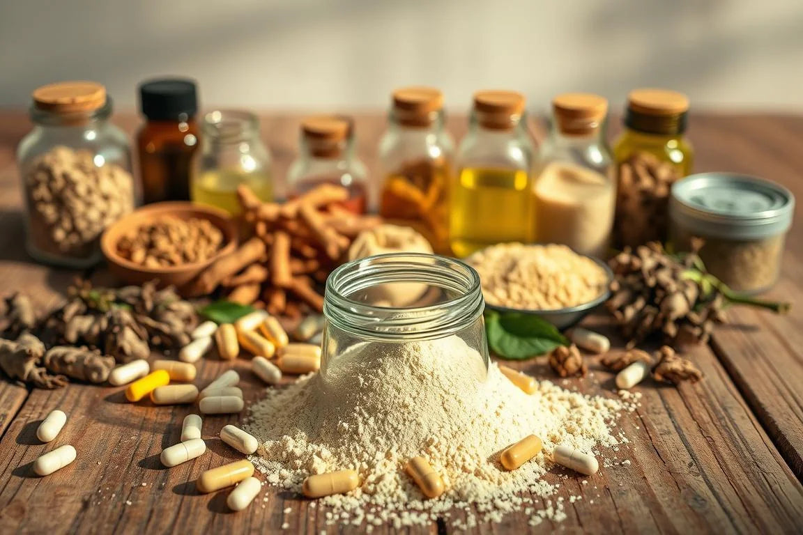 Poudres à base de plantes, gélules et huiles essentielles sur une table rustique — Chronologie des compléments alimentaires pour une cure antiparasitaire