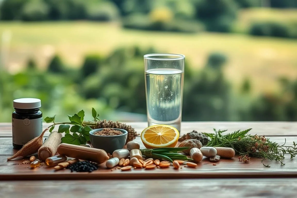 Herbal supplements, capsules, lemon, and water on a table — essential supplies for a parasite cleanse