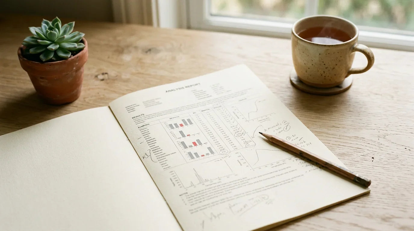 Ouvrez le rapport d'analyse minéralogique annoté au crayon, posé sur un bureau en chêne clair, avec un thé chaud&nbsp;: comment interpréter les résultats de votre analyse&nbsp;?