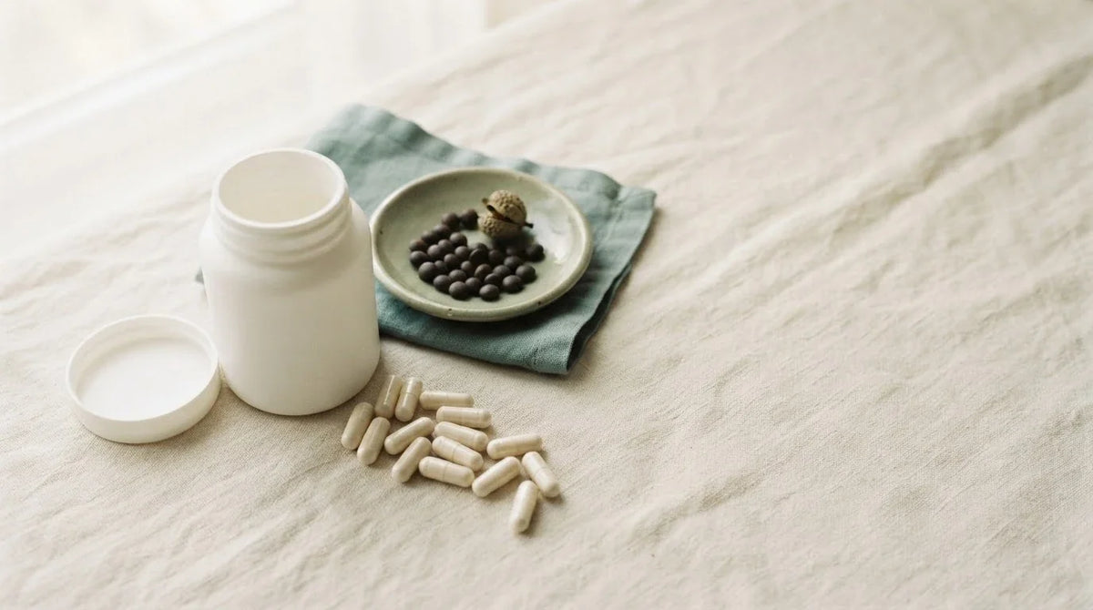 White jar of cream 5-HTP capsules beside a dish of dark Griffonia simplicifolia seeds and a seed pod