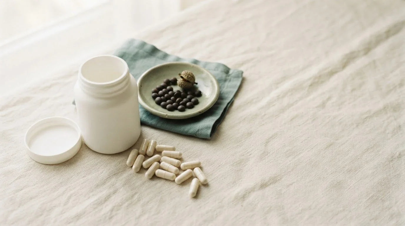 White jar of cream 5-HTP capsules beside a dish of dark Griffonia simplicifolia seeds and a seed pod