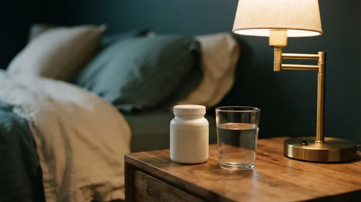 Cosy bedside nightstand with a glowing lamp, a white supplement jar and a glass of water at dusk