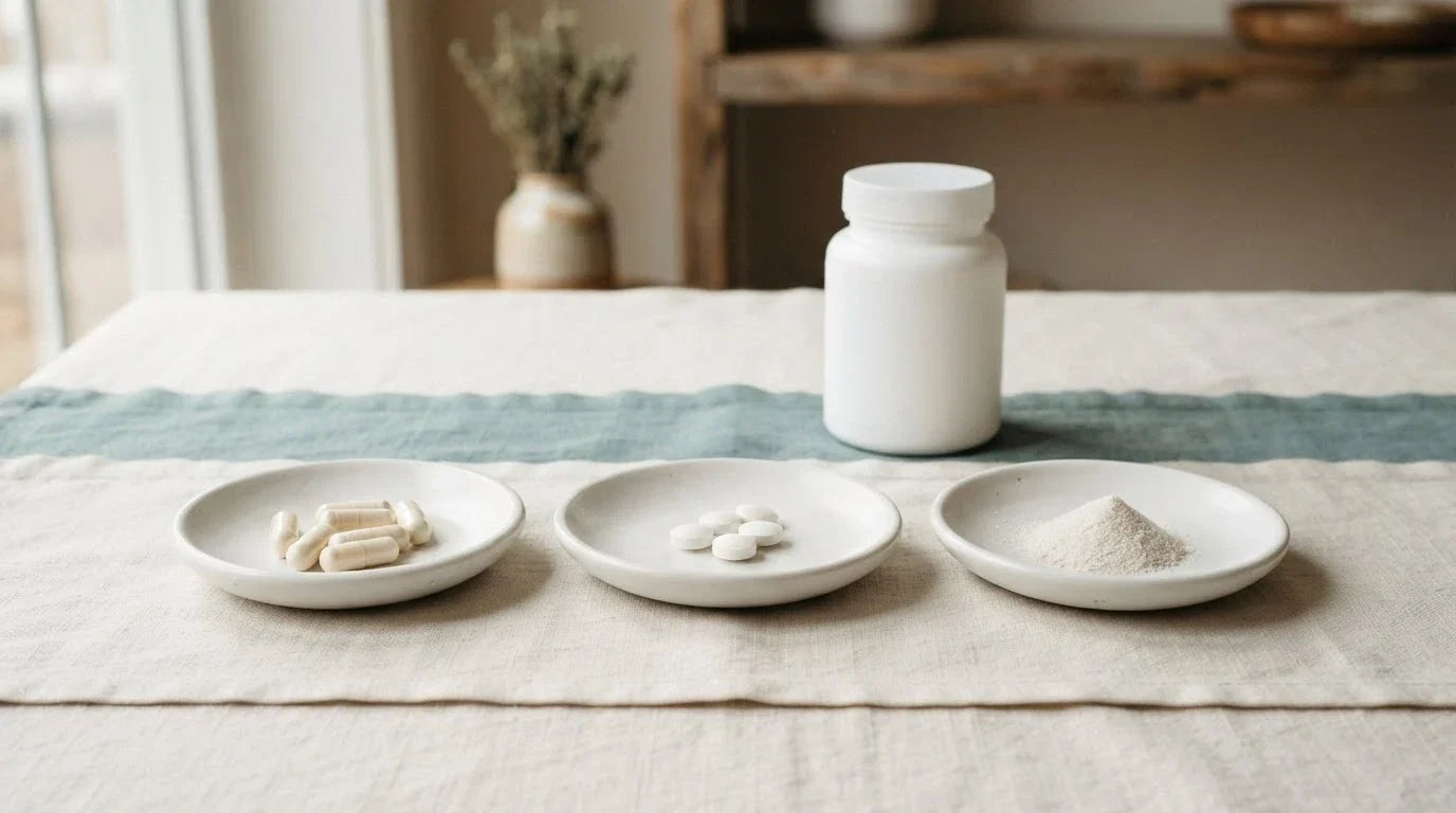 Three white dishes in a row holding cream capsules, plain white tablets and pale powder for comparison