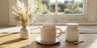 Sunlit oak table with a steaming mug of tea, dried grasses and a plain white supplement jar
