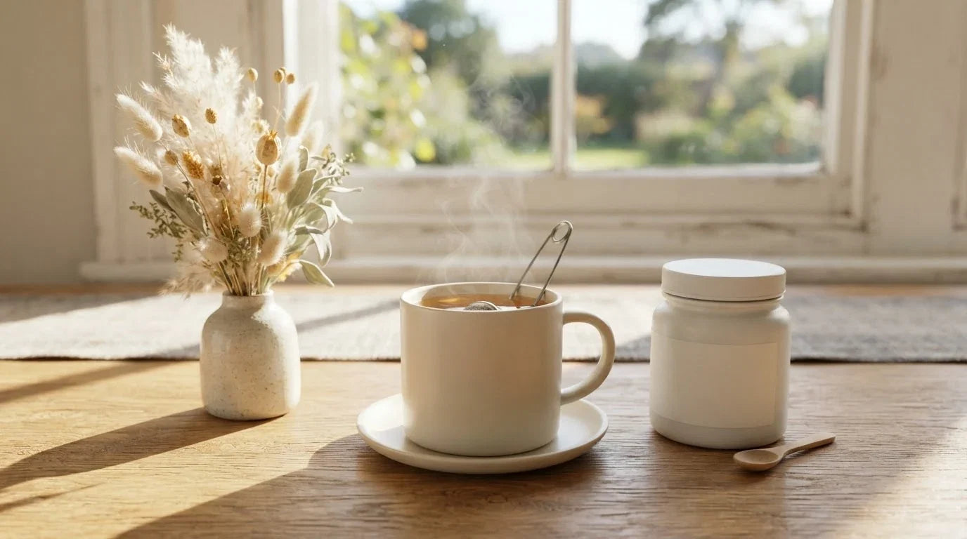 Sunlit oak table with a steaming mug of tea, dried grasses and a plain white supplement jar