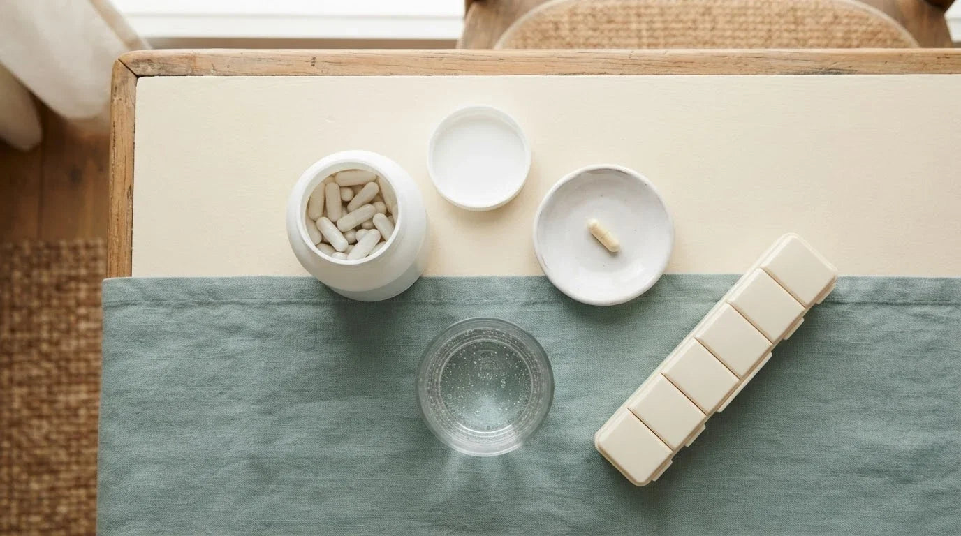 Overhead view of a white jar, one cream capsule on a dish, a glass of water and a plain pill organiser