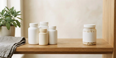 Row of plain white bottles on an oak shelf with a jar of cream capsules set apart at the far end