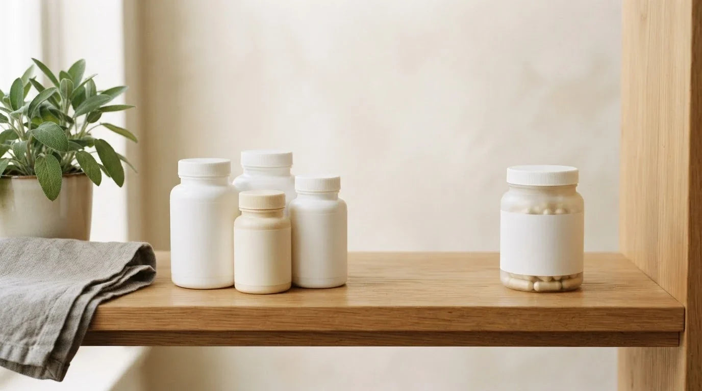 Row of plain white bottles on an oak shelf with a jar of cream capsules set apart at the far end