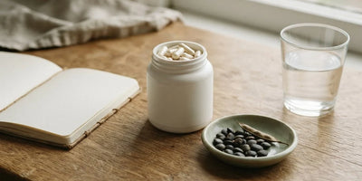 Calm oak-table still life with a white jar of capsules, Griffonia seeds, a seed pod and a blank notebook