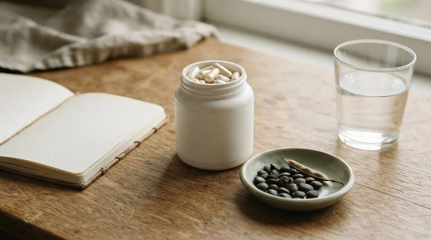 Calm oak-table still life with a white jar of capsules, Griffonia seeds, a seed pod and a blank notebook