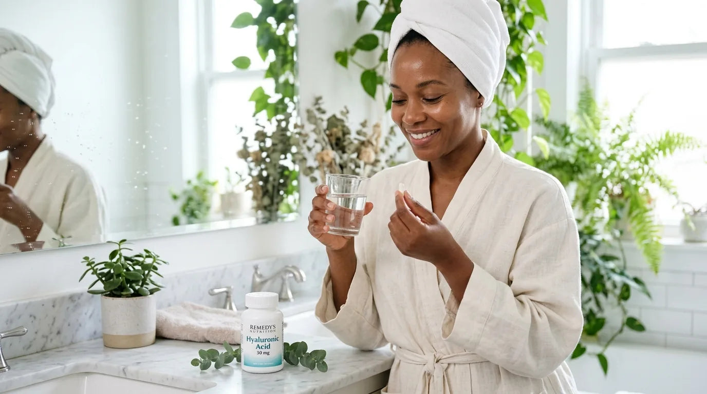 Woman with radiant skin taking a hyaluronic acid capsule with water