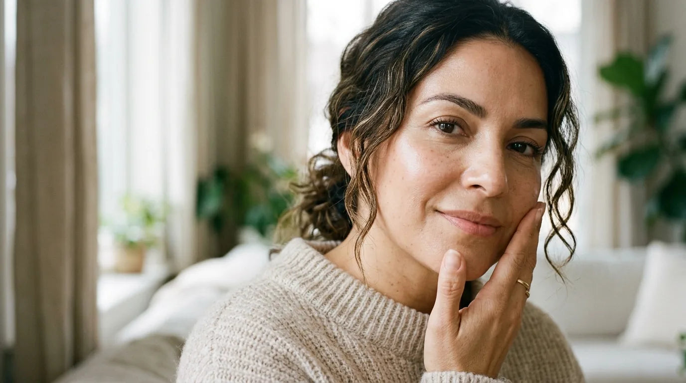 Woman with hydrated glowing skin from hyaluronic acid benefits