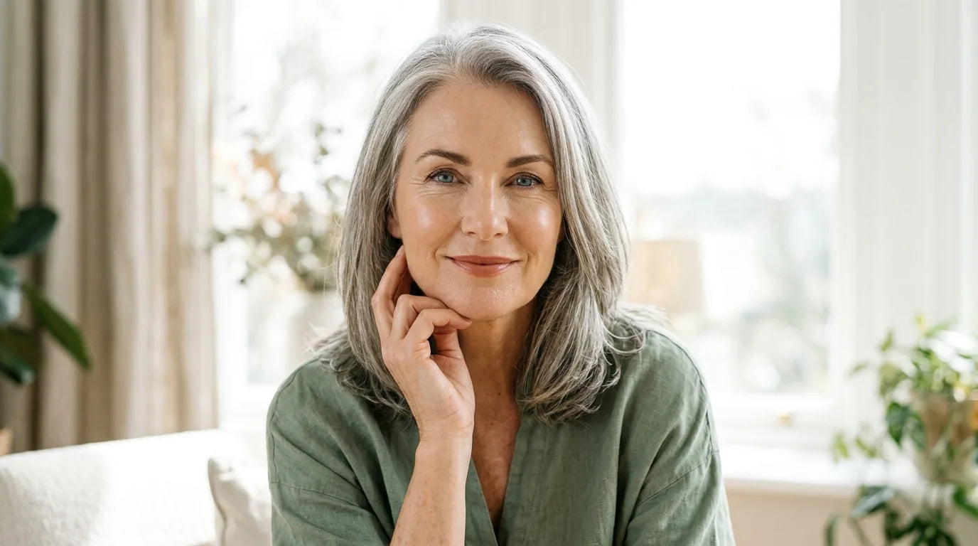 Mature woman with smooth hydrated skin from hyaluronic acid