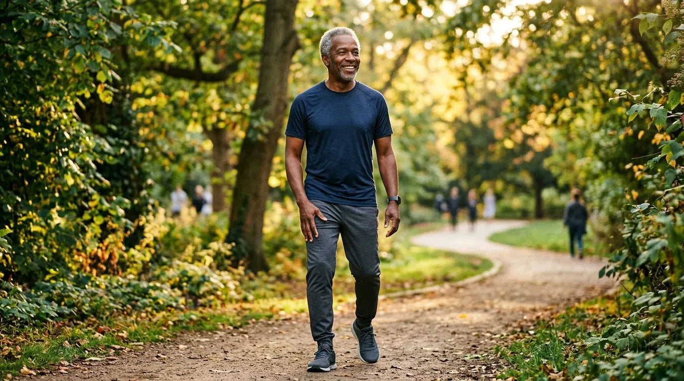 Active older man walking comfortably, hyaluronic acid for joints