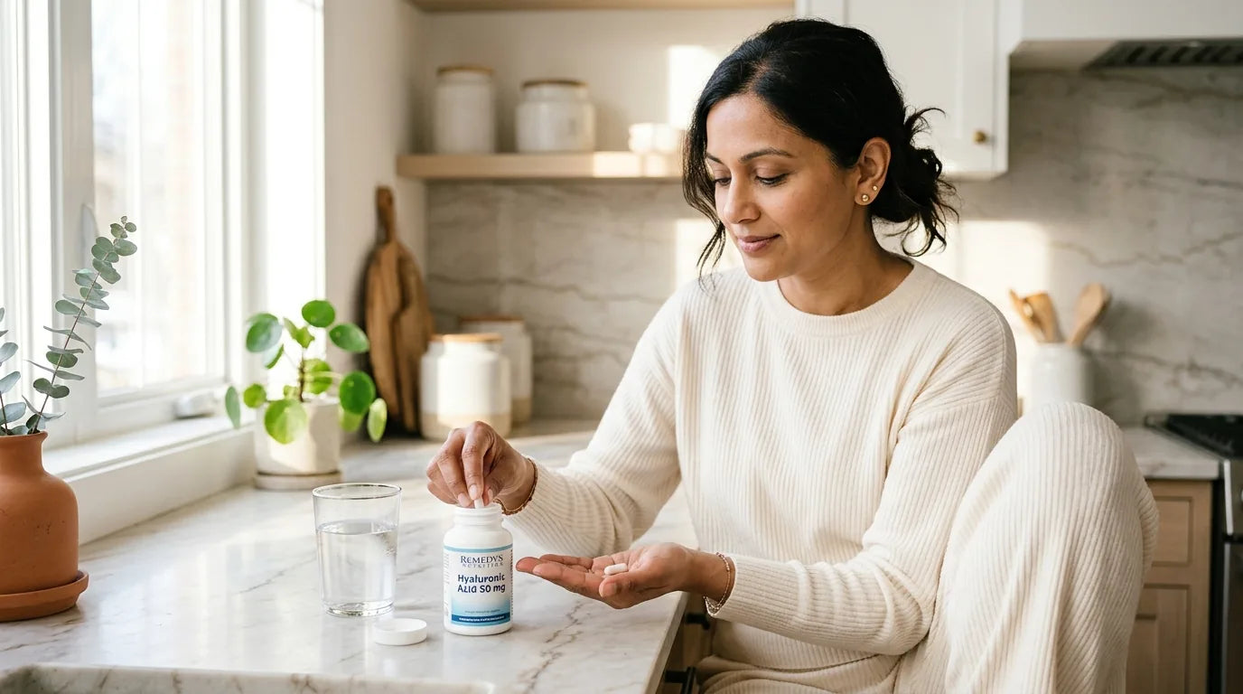 Woman taking her daily hyaluronic acid capsule in a sunlit kitchen