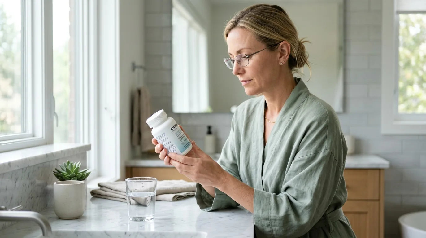 Woman carefully reviewing hyaluronic acid supplement facts