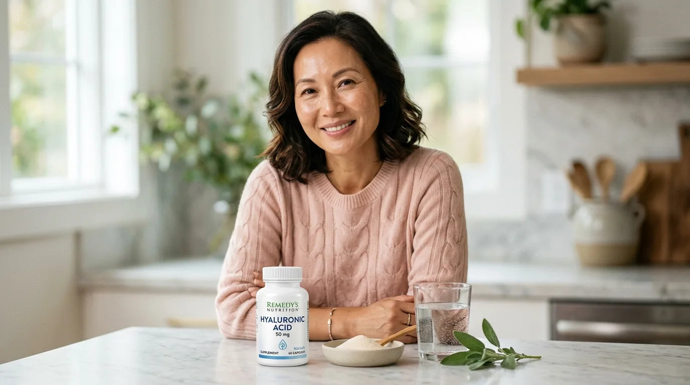 Woman with glowing skin and hyaluronic acid plus collagen supplements
