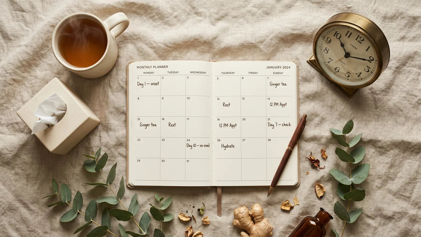Open paper calendar on linen surface marked with day 1 to day 14, ceramic mug, tissue box, eucalyptus sprig