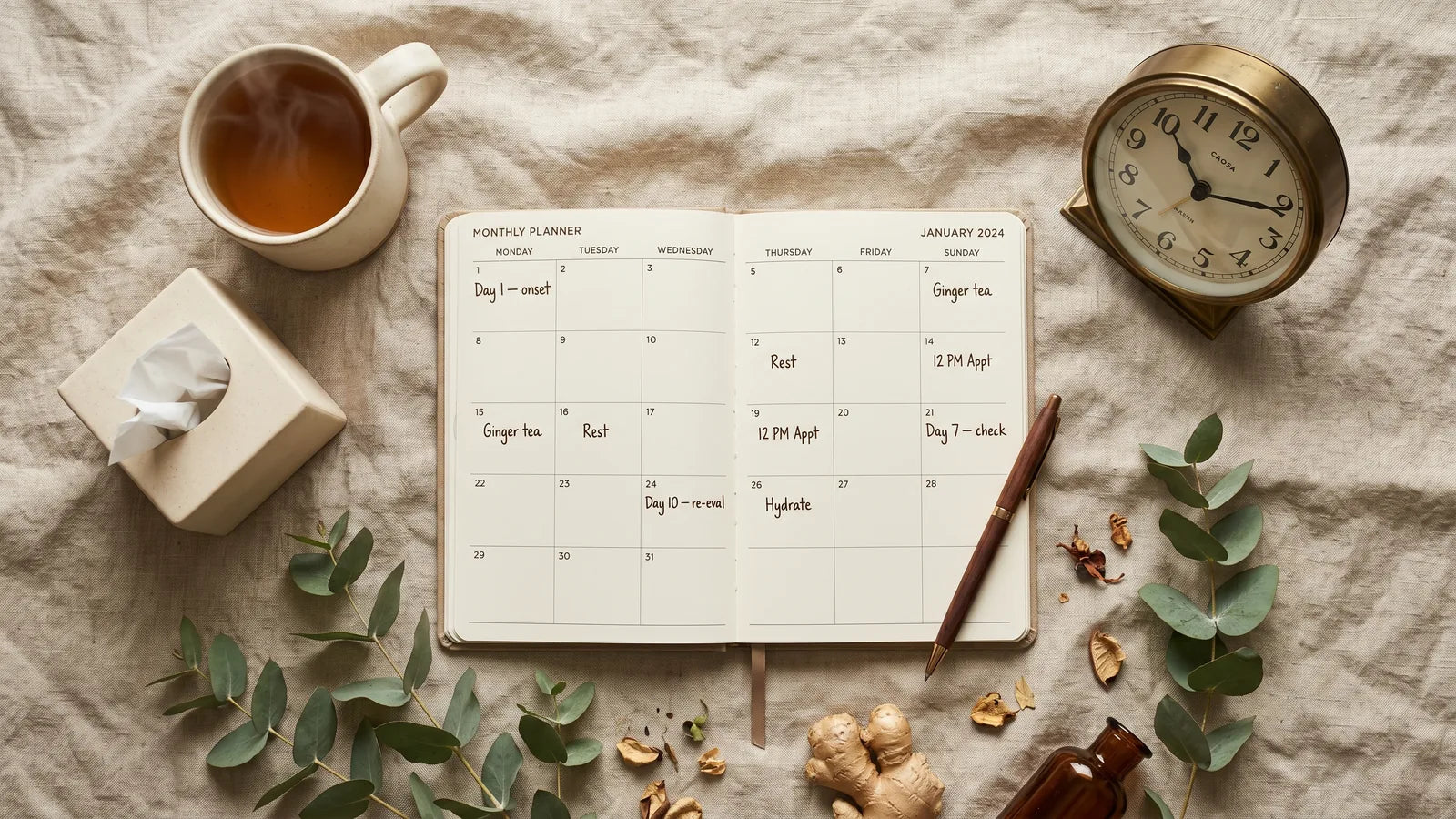 Open paper calendar on linen surface marked with day 1 to day 14, ceramic mug, tissue box, eucalyptus sprig