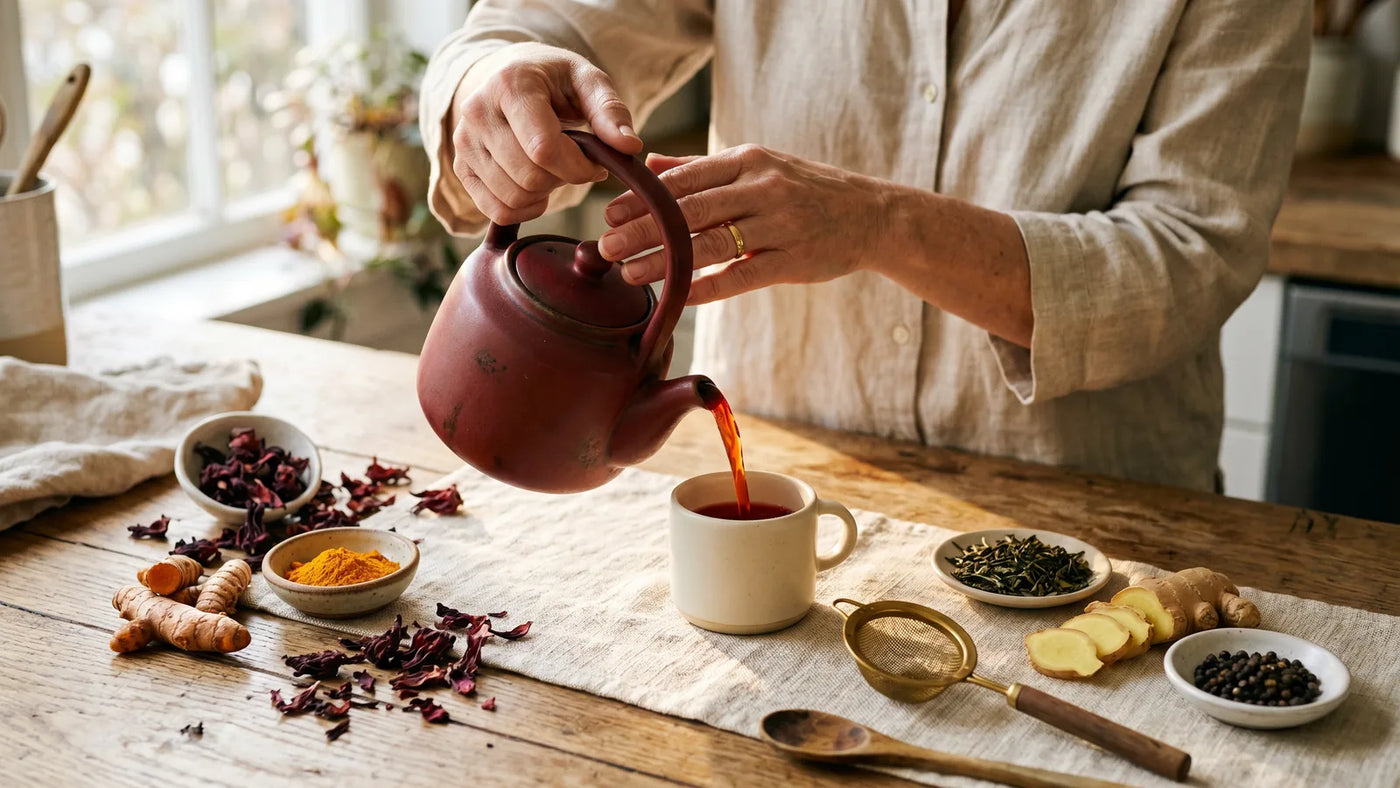 Hands pouring deep amber-red hibiscus tea from ceramic teapot into matte oxblood mug with turmeric root and ginger on warm oak