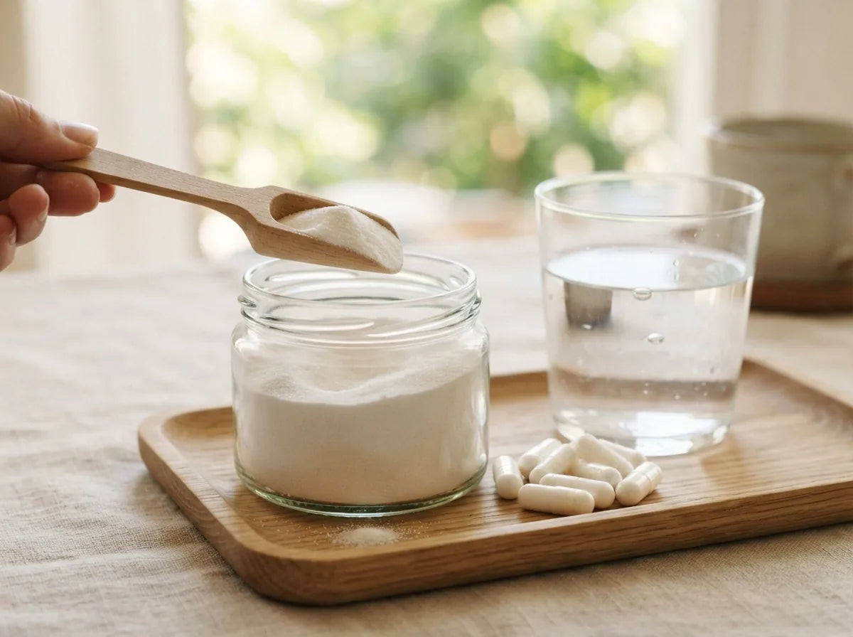 Inositol powder in a scoop with capsules and a glass of water