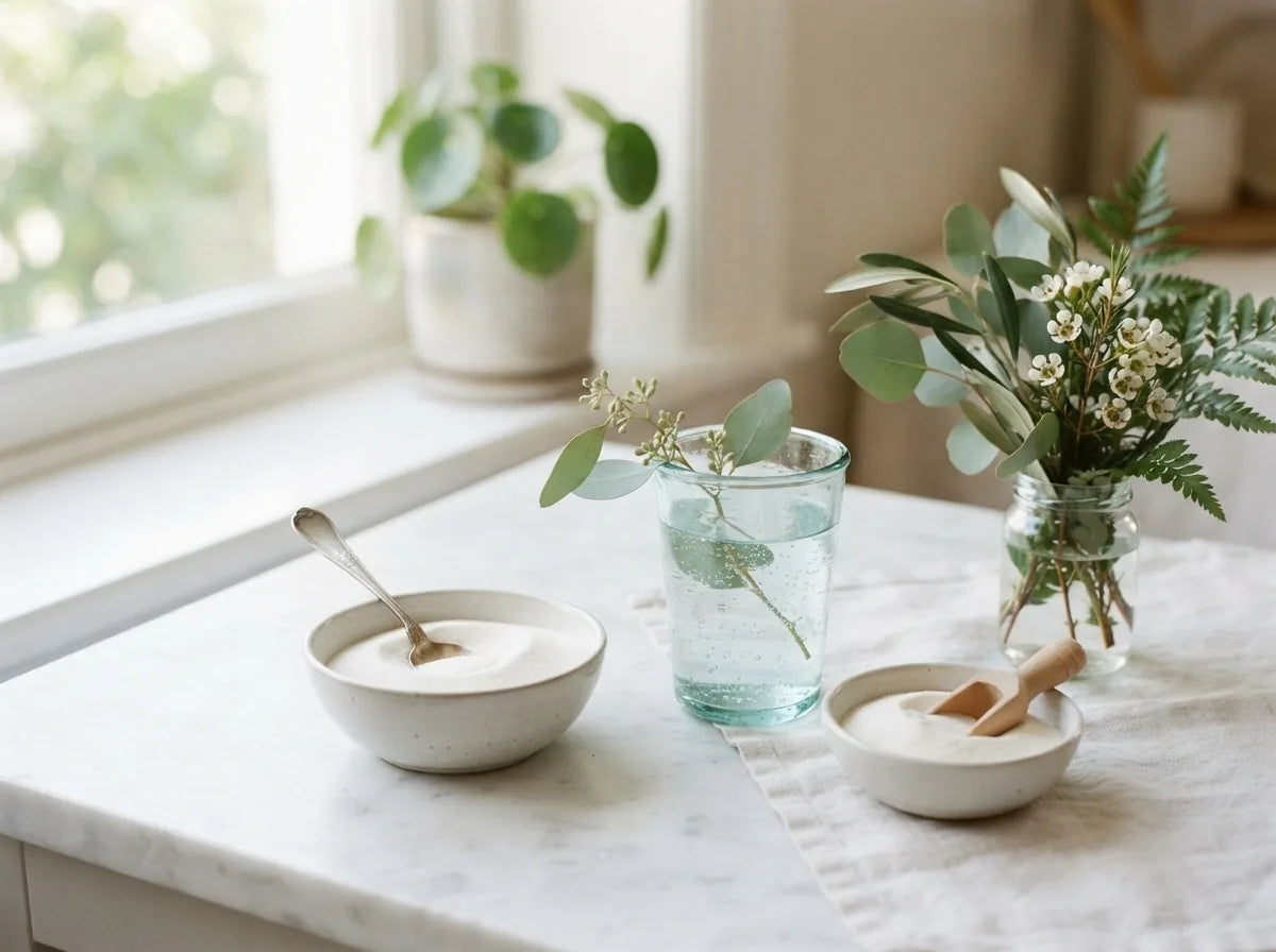 Inositol powder and water in a calm womens-wellness setting