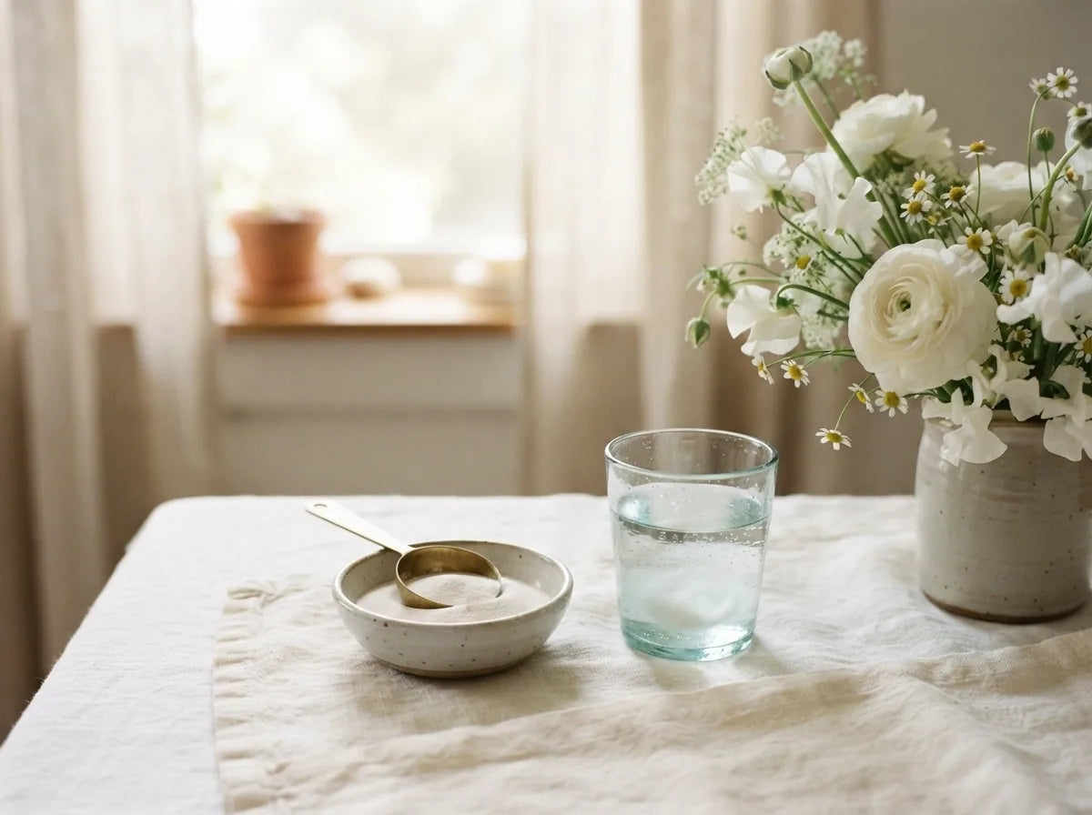 Inositol powder and water in a calm fertility-wellness setting